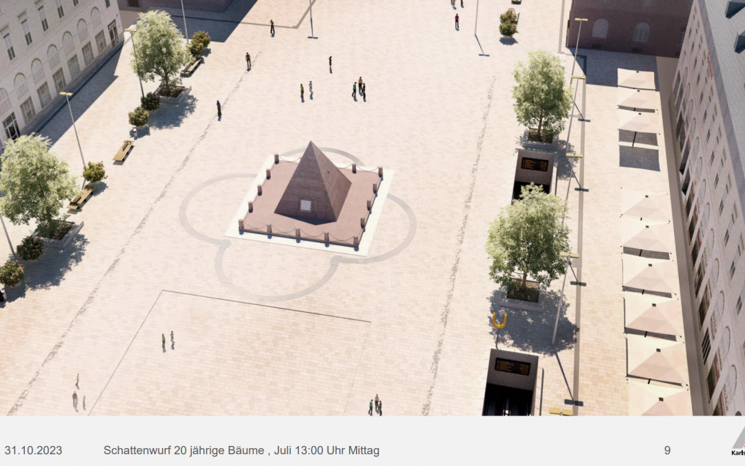 Visualisierung von Bäumen auf dem zukünftigen Marktplatz der Stadt Karlsruhe