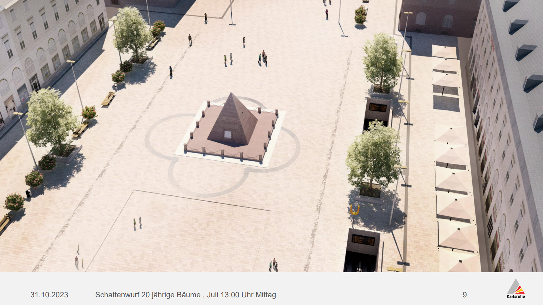 Visualisierung von Bäumen auf dem zukünftigen Marktplatz der Stadt Karlsruhe